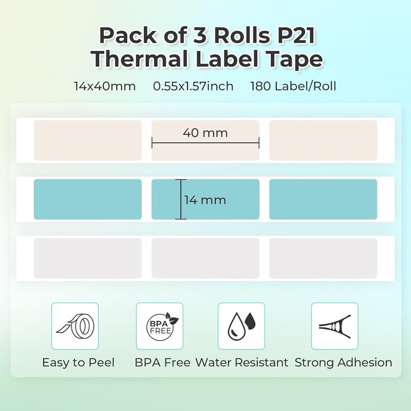 Nelko Genuine P21 Label Maker Tape, Adapted Label Print Paper, 14x40mm (0.55inx1.57in), Standard Laminated Labeling Replacement, Multipurpose of P21, 180 Tapes/Roll, 3-Roll, Grey/Brown/Green - Image 2
